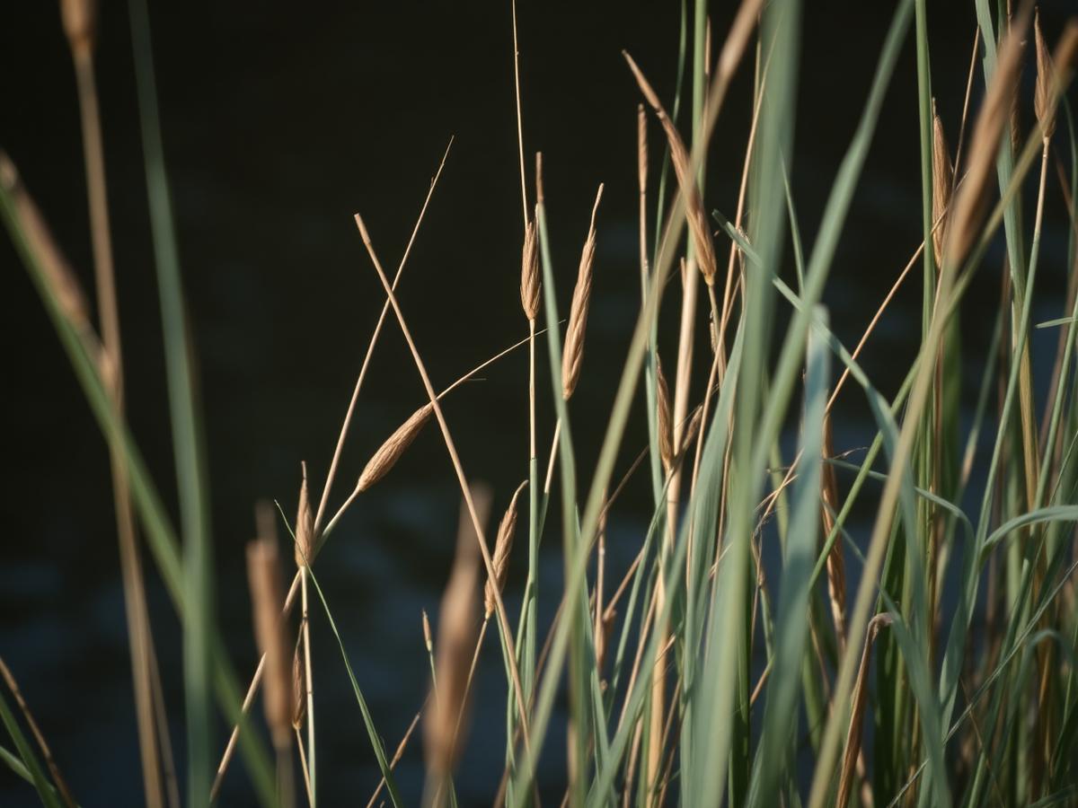 Close-up of wetland reeds against dark water